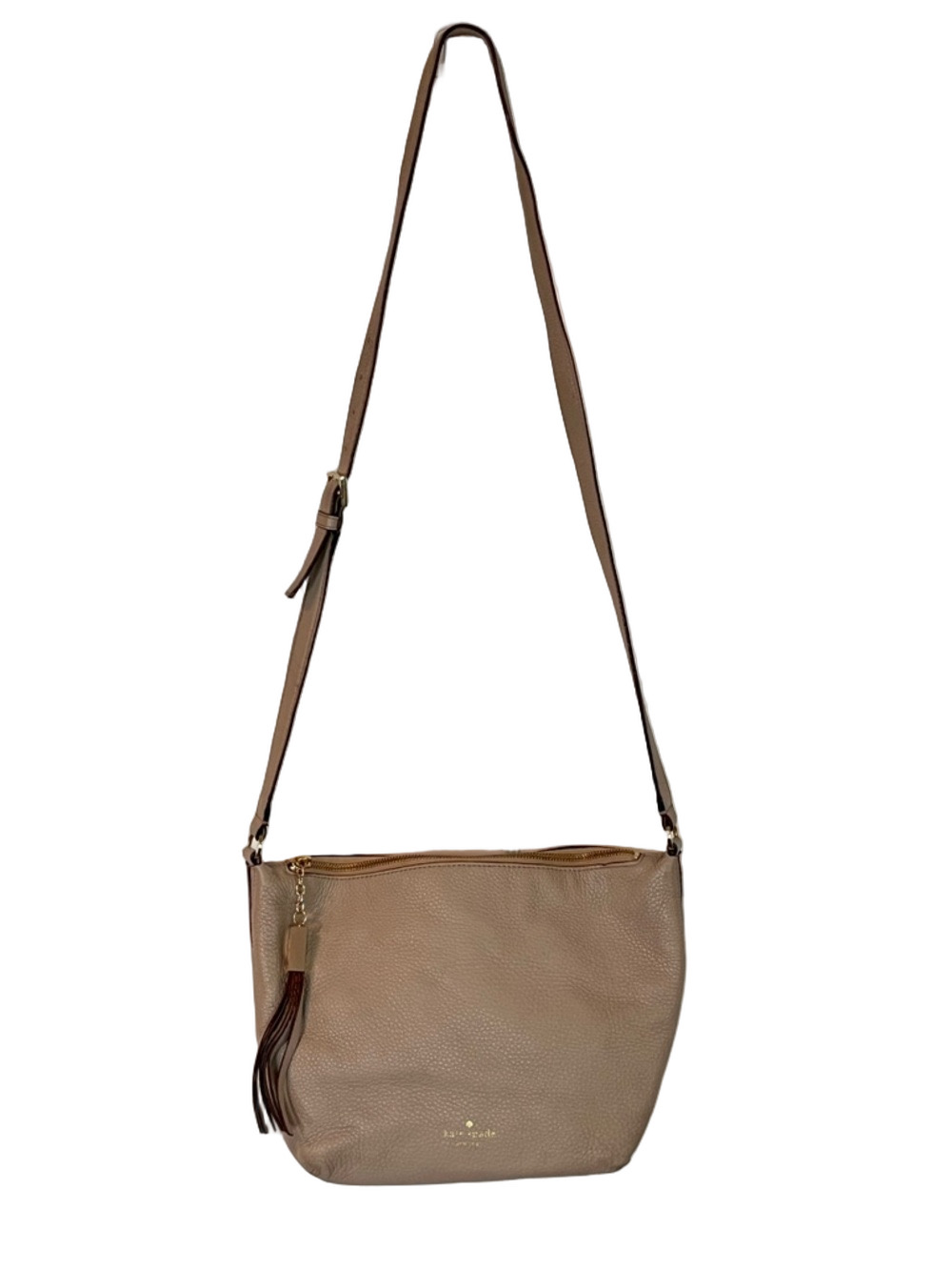 Kate Spade Taupe Pebbled Leather Tassel Crossbody Bag Large Gold-tone Hardware